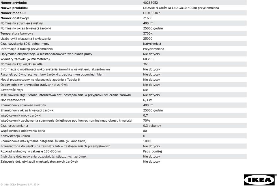 przeznaczony na ekspozycję zgodnie z Tabelą 6 Odpowiednik w przypadku tradycyjnej żarówki Jeśli zawiera rtęć: 6,3 W 400 lm Współczynnik mocy żarówki 0,7 Współczynnik oddawania barw 80