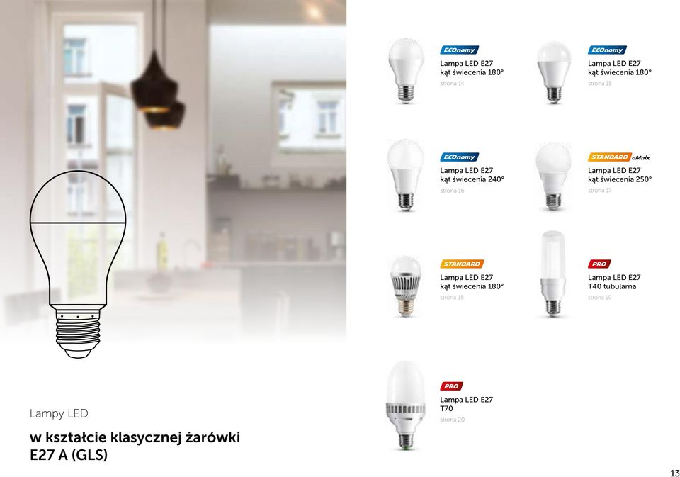 świecenia 250 strona 17 STNDRD Lampa LED E27 kąt świecenia 180 strona 18 PRO Lampa LED E27 T40