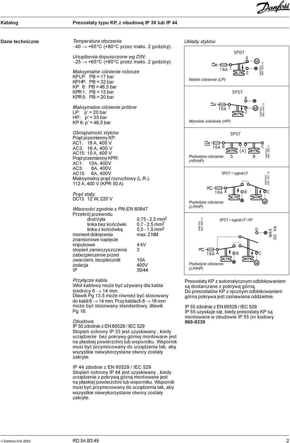 Maksymalne ciœnienie robocze KP LP: PB = 17 bar KP HP: PB = 32 bar KP 6: PB = 46,5 bar KPR 1: PB = 15 bar KPR 5: PB = 20 bar Maksymalne ciœnienie próbne LP: p = 20 bar HP: p = 35 bar KP 6: p = 46,5