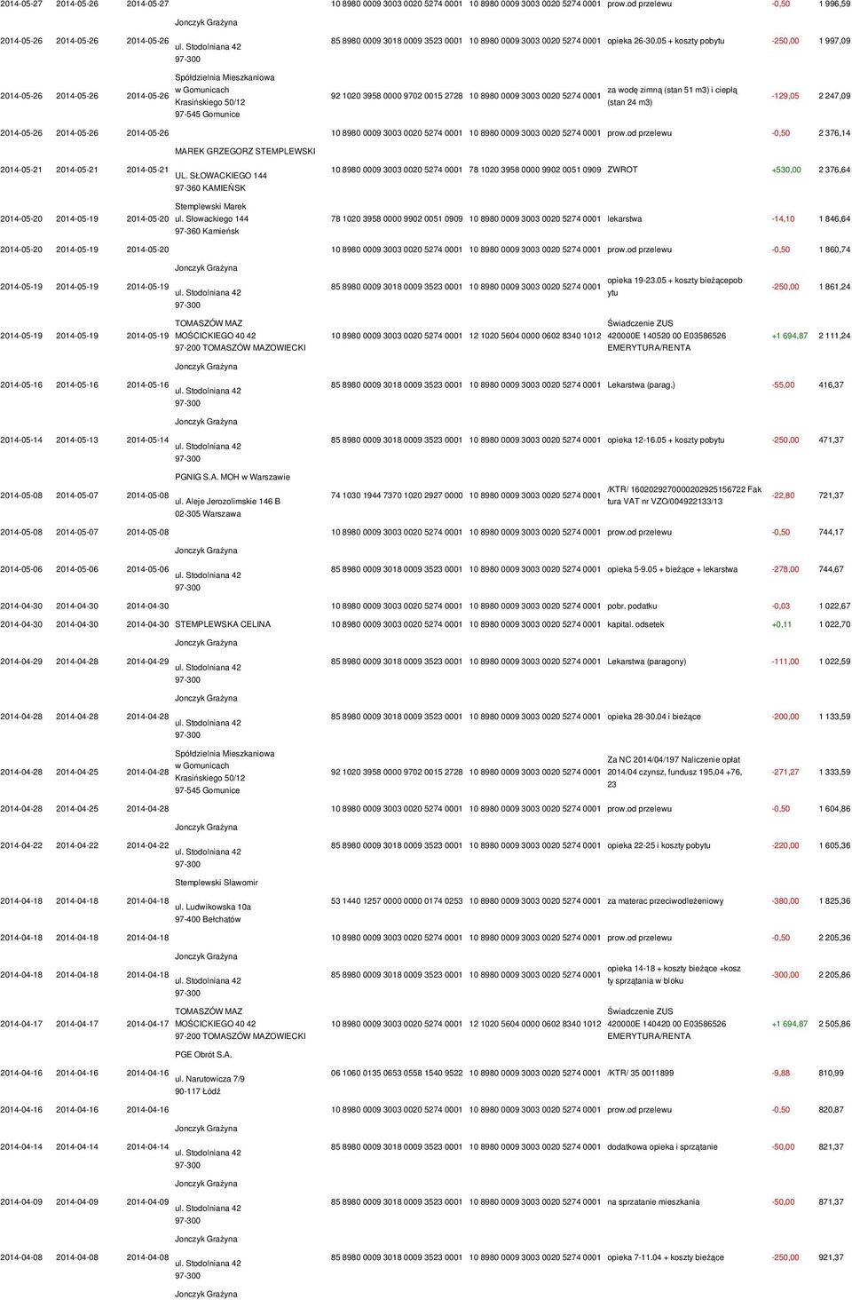 0001 10 8980 0009 3003 0020 5274 0001 prow.od przelewu -0,50 2 376,14 MAREK GRZEGORZ STEMPLEWSKI 2014-05-21 2014-05-21 2014-05-21 2014-05-20 2014-05-19 2014-05-20 UL.