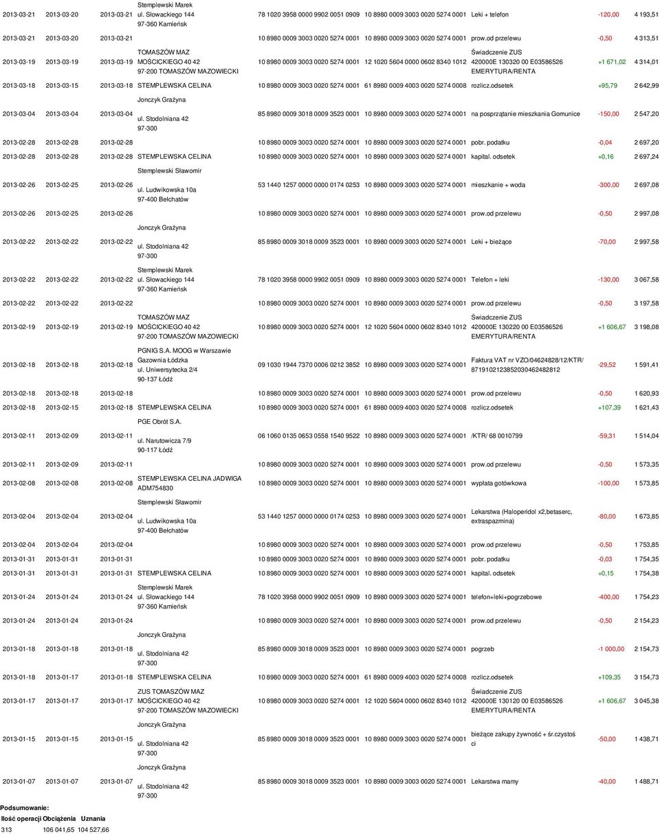 od przelewu -0,50 4 313,51 2013-03-19 2013-03-19 2013-03-19 420000E 130320 00 E03586526 +1 671,02 4 314,01 2013-03-18 2013-03-15 2013-03-18 STEMPLEWSKA CELINA 10 8980 0009 3003 0020 5274 0001 61 8980