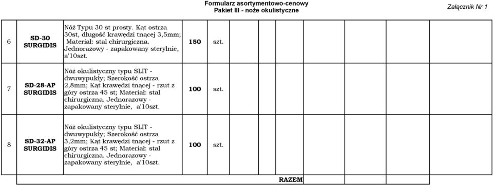 Nóż okulistyczny typu SLIT - dwuwypukły; Szerokość ostrza 7 SD-28-AP 2,8mm; Kąt krawędzi tnącej - rzut z góry ostrza 45 st; Materiał: stal