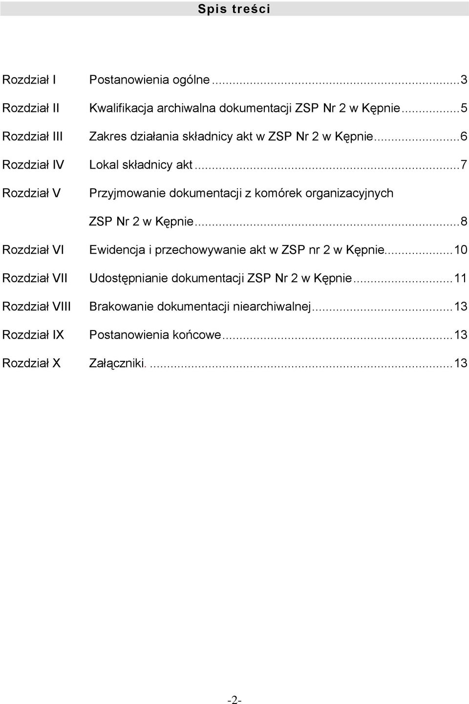 .. 7 Rozdział V Przyjmowanie dokumentacji z komórek organizacyjnych ZSP Nr 2 w Kępnie.