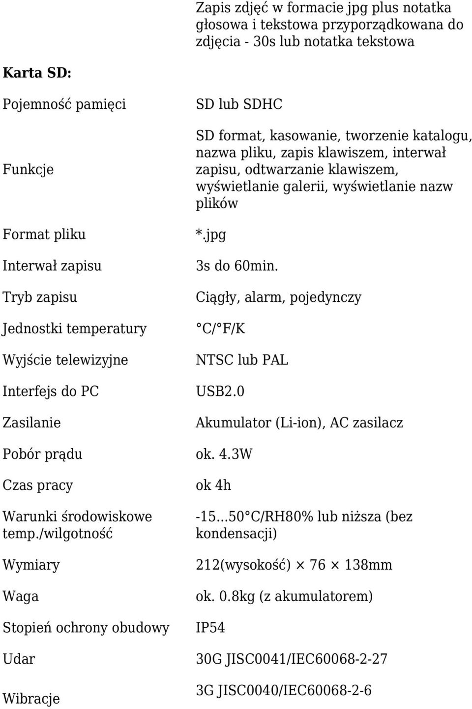 wyświetlanie galerii, wyświetlanie nazw plików *.jpg 3s do 60min. Ciągły, alarm, pojedynczy C/ F/K NTSC lub PAL USB2.0 Akumulator (Li-ion), AC zasilacz Pobór prądu ok. 4.