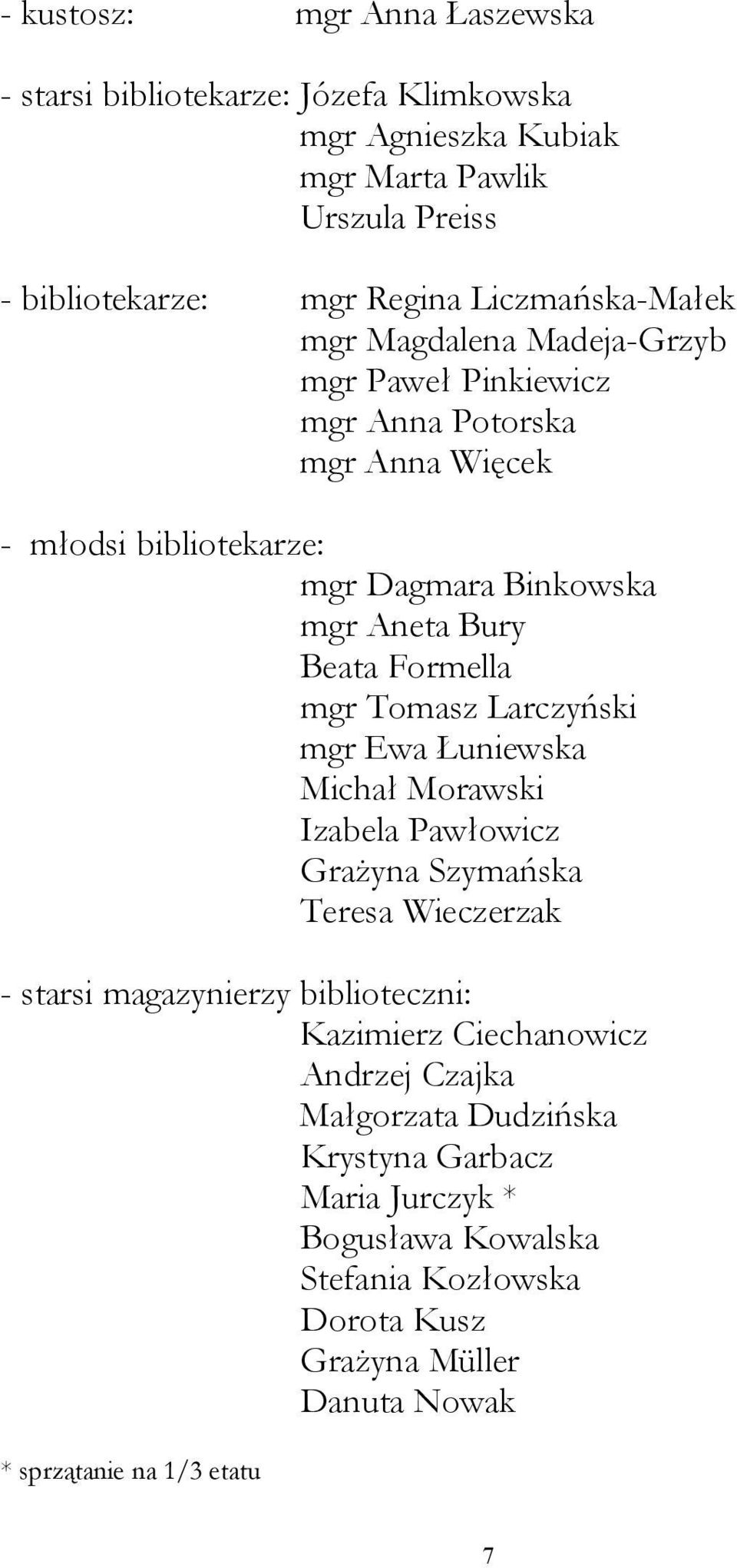 Formella mgr Tomasz Larczyński mgr Ewa Łuniewska Michał Morawski Izabela Pawłowicz Grażyna Szymańska Teresa Wieczerzak - starsi magazynierzy biblioteczni: Kazimierz