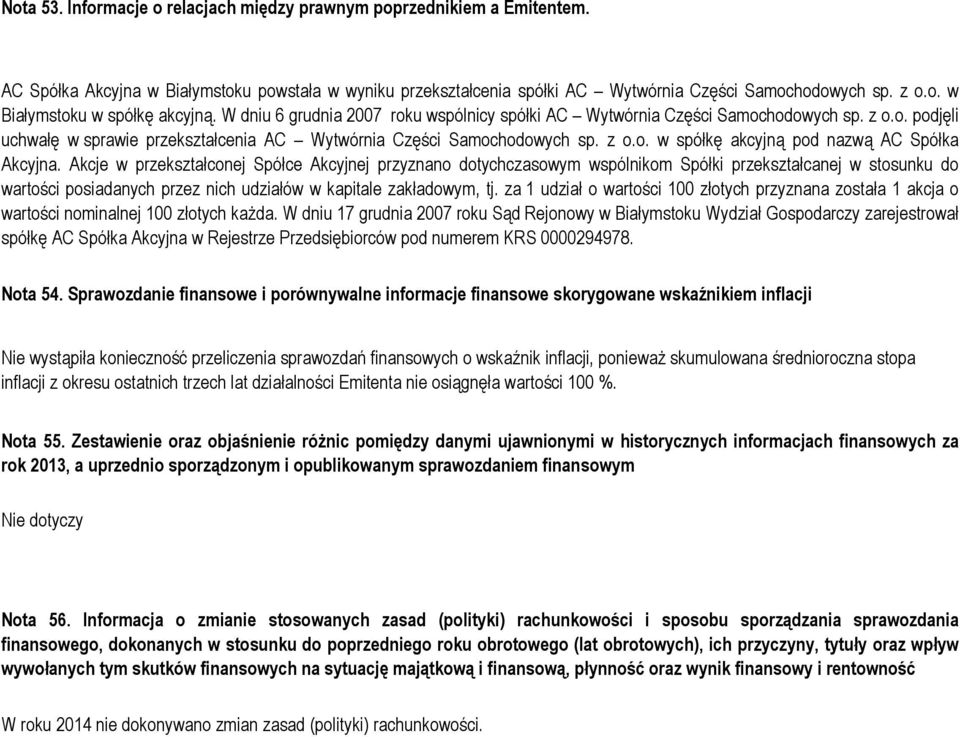 Akcje w przekształconej Spółce Akcyjnej przyznano dotychczasowym wspólnikom Spółki przekształcanej w stosunku do wartości posiadanych przez nich udziałów w kapitale zakładowym, tj.