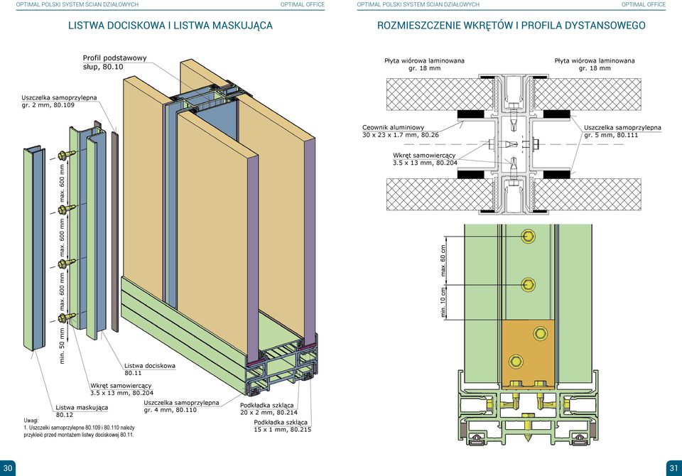 600 mm max. 600 mm Listwa dociskowa 80.11 3.5 x 13 mm, 80.204 min. 10 cm max. 60 cm 3.5 x 13 mm, 80.204 Listwa maskująca 80.12 Uwagi: 1.