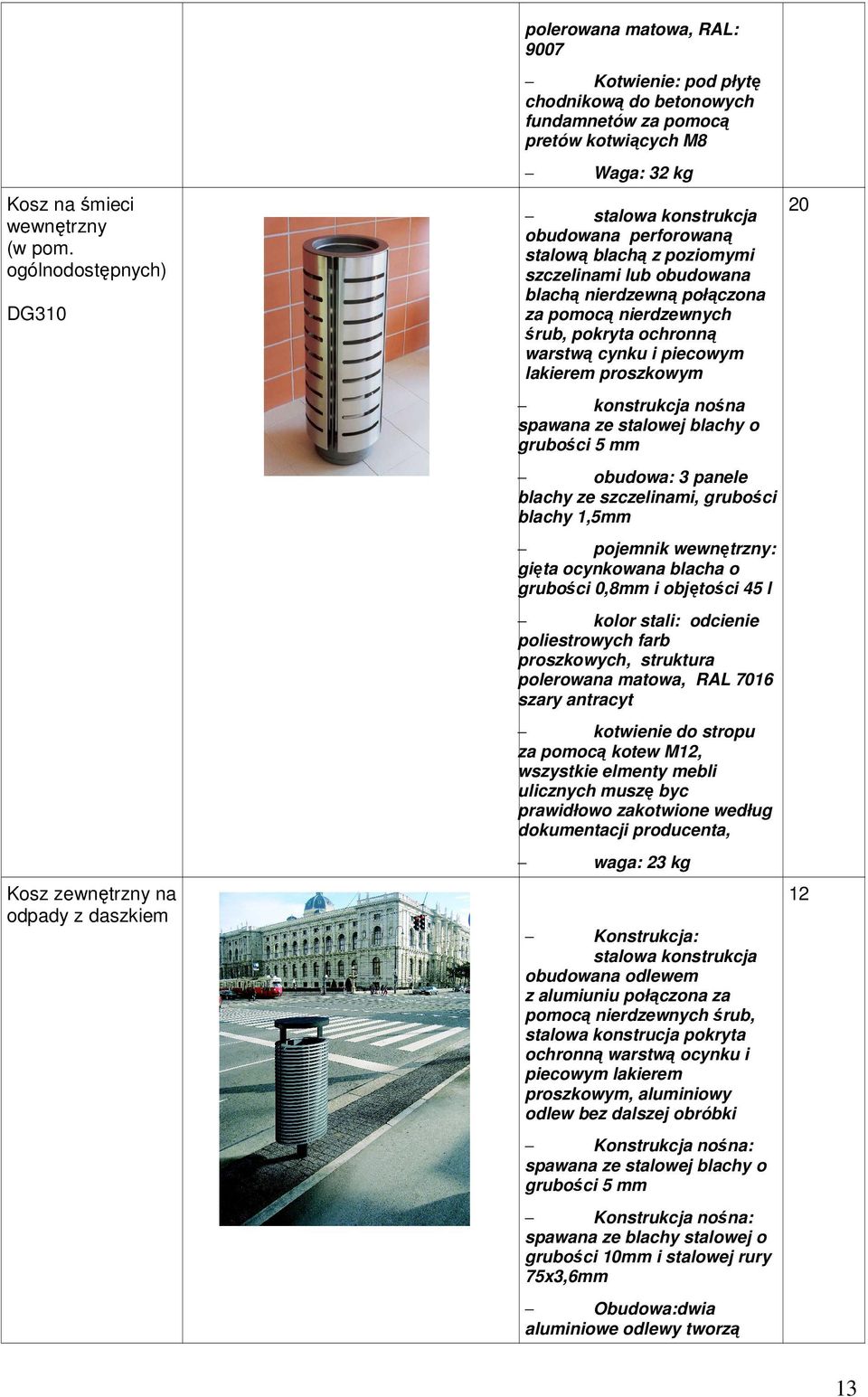 ochronną warstwą cynku i piecowym lakierem proszkowym 20 konstrukcja nośna spawana ze stalowej blachy o grubości 5 mm obudowa: 3 panele blachy ze szczelinami, grubości blachy 1,5mm pojemnik