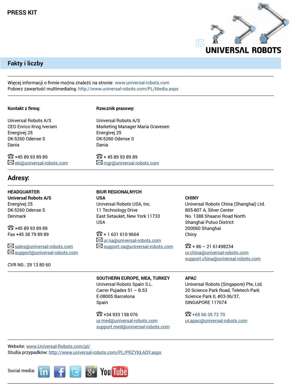 com Rzecznik prasowy: Universal Robots A/S Marketing Manager Maria Gravesen Energivej 25 DK-5260 Odense S Dania + 45 89 93 89 89 mgr@universal-robots.