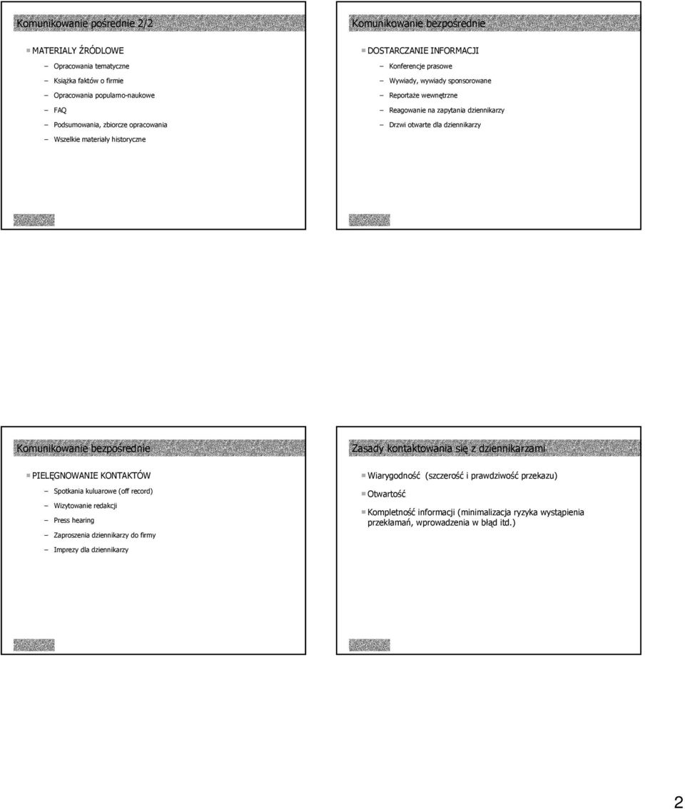 historyczne Komunikowanie bezpośrednie Zasady kontaktowania się z dziennikarzami PIELĘGNOWANIE KONTAKTÓW Spotkania kuluarowe (off record) Wizytowanie redakcji Press hearing Zaproszenia