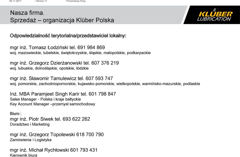 Sławomir Tamulewicz tel. 607 593 747 woj. pomorskie, zachodniopomorskie, kujawsko-pomorskie, wielkopolskie, warmińsko-mazurskie, podlaskie Inż. MBA Paramjeet Singh Karir tel.