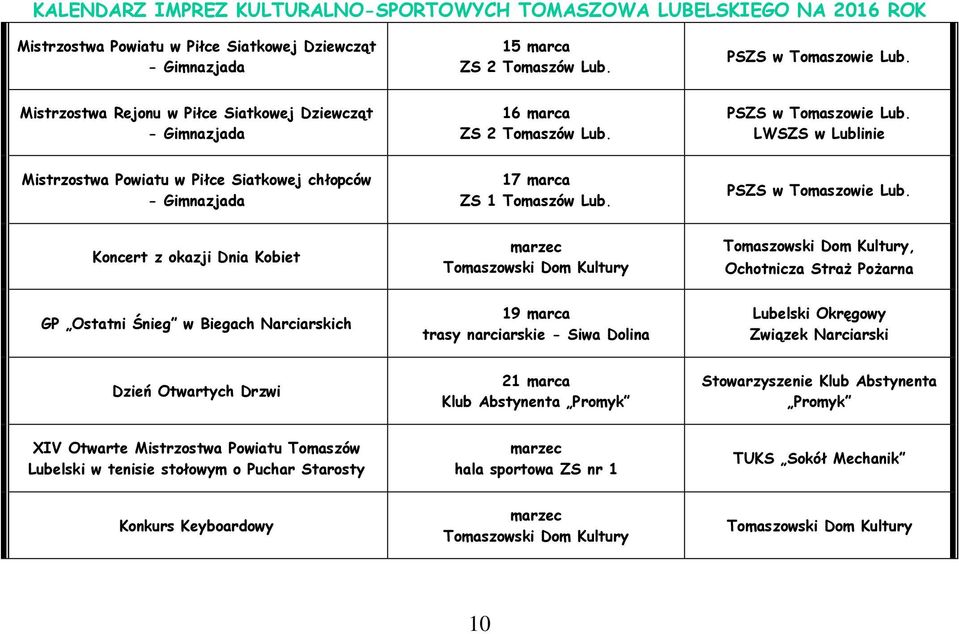 Koncert z okazji Dnia Kobiet marzec, Ochotnicza Straż Pożarna GP Ostatni Śnieg w Biegach Narciarskich 19 marca trasy narciarskie - Siwa Dolina Lubelski Okręgowy Związek Narciarski