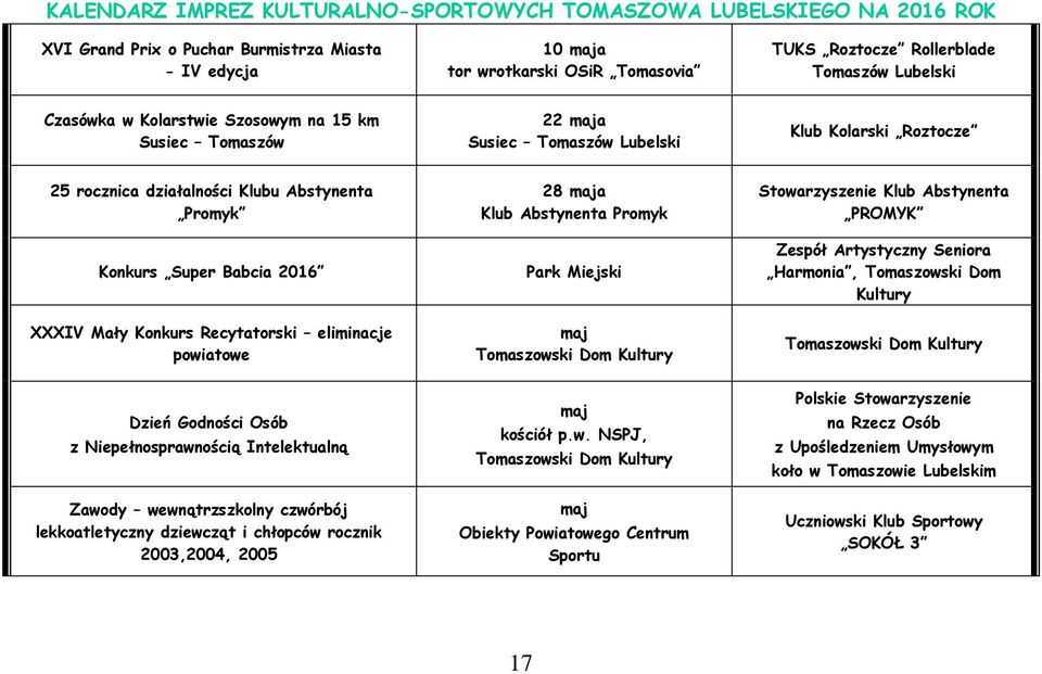 Park Miejski maj Stowarzyszenie Klub Abstynenta PROMYK Zespół Artystyczny Seniora Harmonia, Tomaszowski Dom Kultury Dzień Godności Osób z Niepełnosprawnością Intelektualną Zawody wewnątrzszkolny