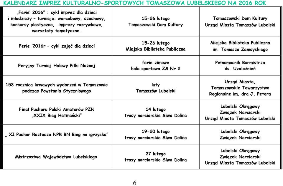 Tomasza Zamoyskiego Feryjny Turniej Halowy Piłki Nożnej ferie zimowe hala sportowa ZS Nr 2 Pełnomocnik Burmistrza ds.