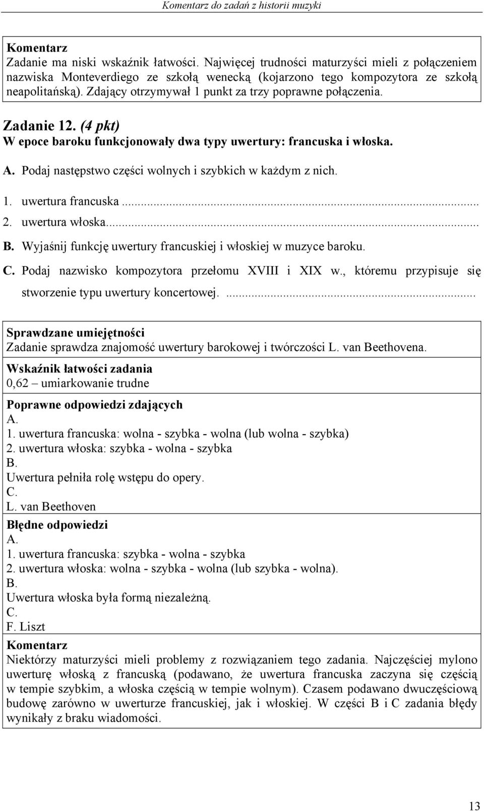 Zdający otrzymywał 1 punkt za trzy poprawne połączenia. Zadanie 12. (4 pkt) W epoce baroku funkcjonowały dwa typy uwertury: francuska i włoska. A.