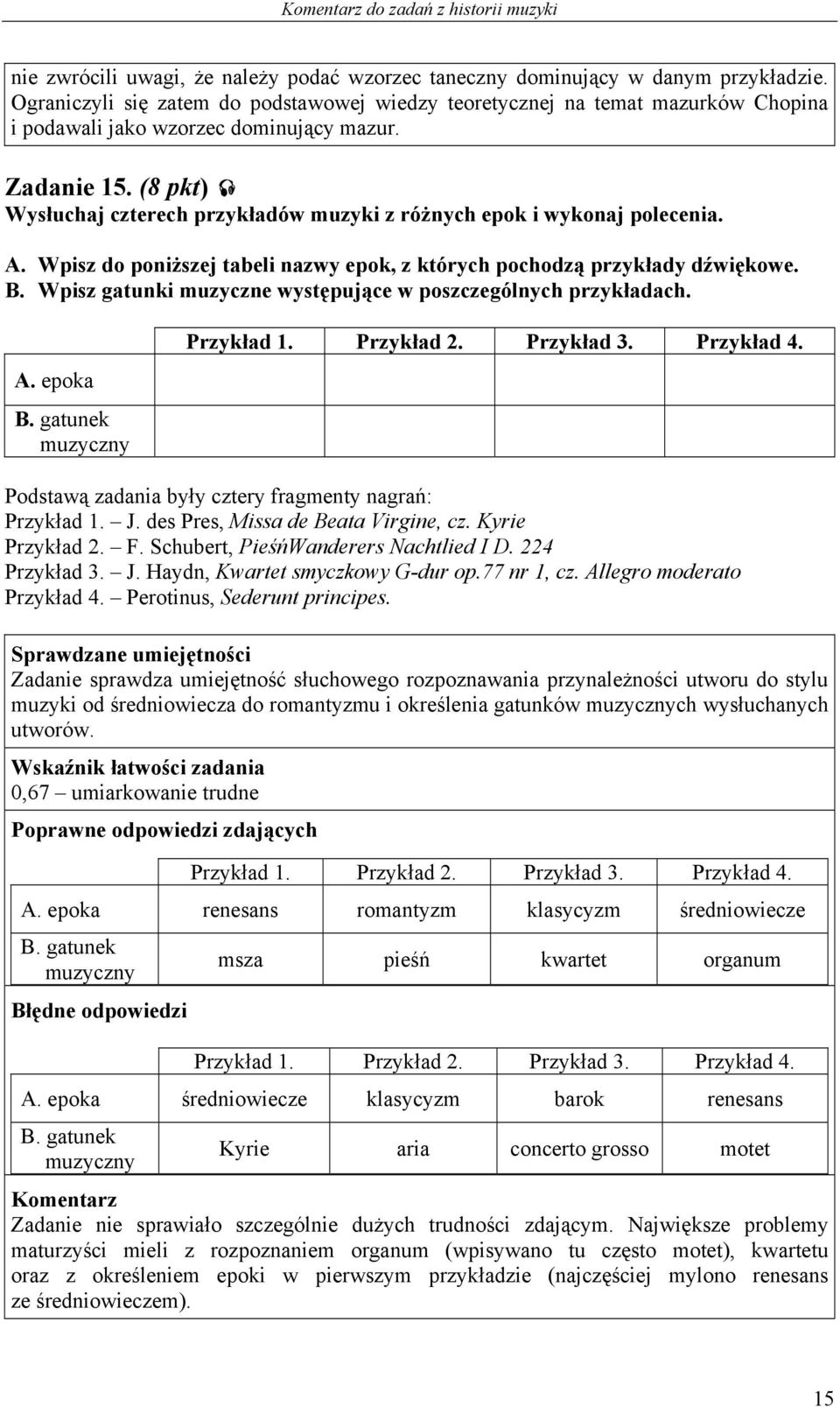 (8 pkt) Wysłuchaj czterech przykładów muzyki z różnych epok i wykonaj polecenia. A. Wpisz do poniższej tabeli nazwy epok, z których pochodzą przykłady dźwiękowe. B.