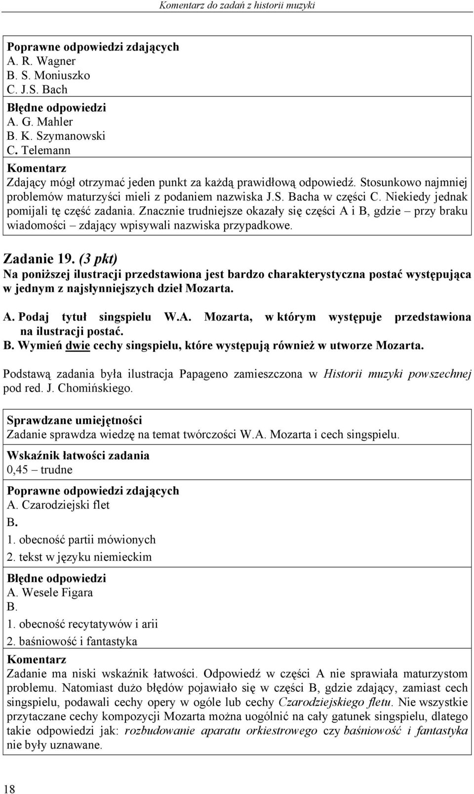 Znacznie trudniejsze okazały się części A i B, gdzie przy braku wiadomości zdający wpisywali nazwiska przypadkowe. Zadanie 19.