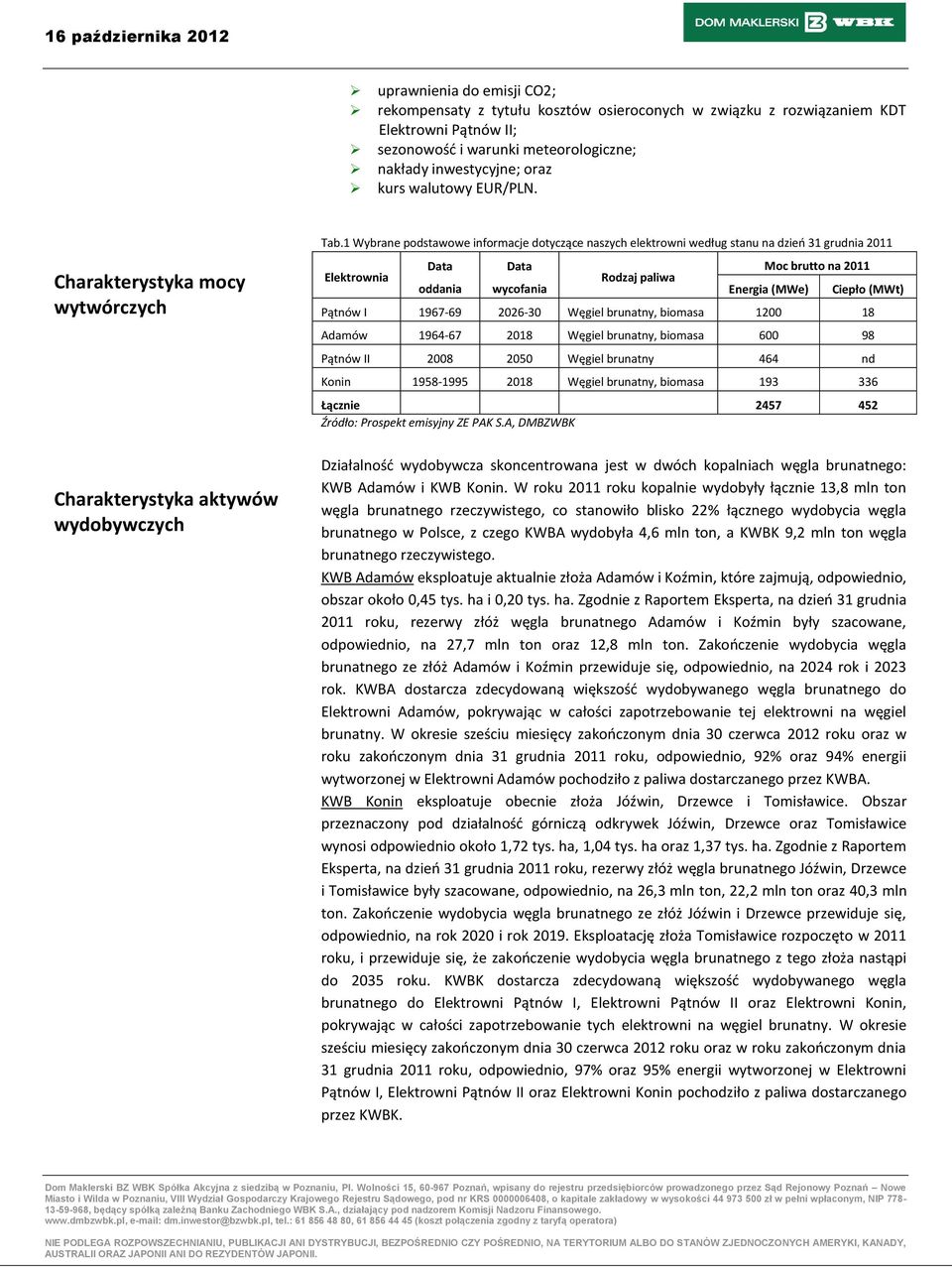 1 Wybrane podstawowe informacje dotyczące naszych elektrowni według stanu na dzieo 31 grudnia 2011 Elektrownia Data oddania Data wycofania Rodzaj paliwa Moc brutto na 2011 Energia (MWe) Ciepło (MWt)