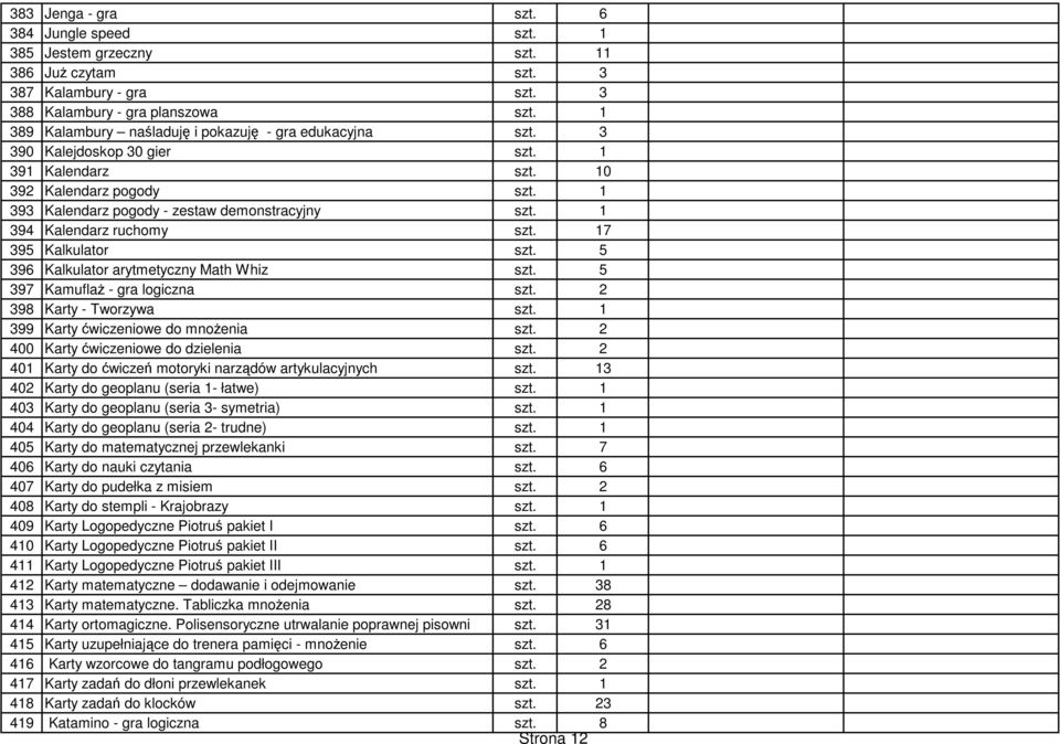 1 394 Kalendarz ruchomy szt. 17 395 Kalkulator szt. 5 396 Kalkulator arytmetyczny Math Whiz szt. 5 397 Kamuflaż - gra logiczna szt. 2 398 Karty - Tworzywa szt. 1 399 Karty ćwiczeniowe do mnożenia szt.