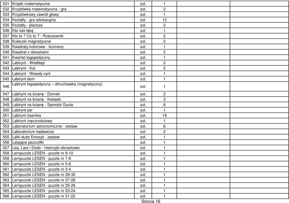 1 542 Labirynt - Wielbłąd szt. 2 543 Labirynt - Kot szt. 2 544 Labirynt - Wesoły cyrk szt. 1 545 Labirynt dom szt. 1 546 Labirynt logopedyczny dmuchawka (magnetyczny) szt.