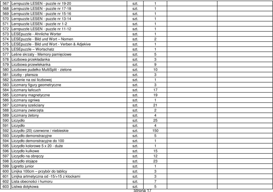 2 575 LESEpuzzle - Bild und Wort - Verben & Adjekive szt. 1 576 LESEpuzzle Wortschatz szt. 1 577 Leśne skrzaty - Memory pamięciowe szt. 5 578 Liczbowa przekładanka szt.