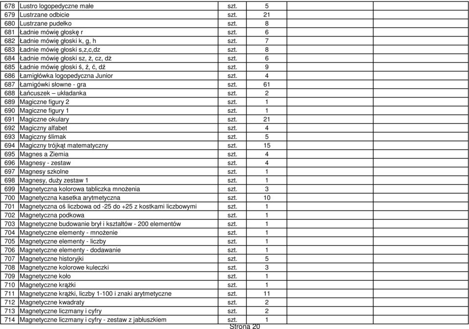 4 687 Łamigówki słowne - gra szt. 61 688 Łańcuszek układanka szt. 2 689 Magiczne figury 2 szt. 1 690 Magiczne figury 1 szt. 1 691 Magiczne okulary szt. 21 692 Magiczny alfabet szt.