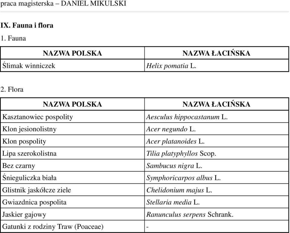 Klon pospolity Acer platanoides L. Lipa szerokolistna Tilia platyphyllos Scop. Bez czarny Sambucus nigra L.