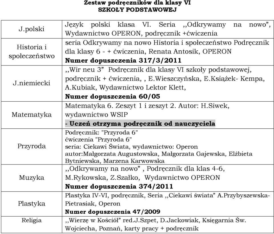 317/3/2011,,Wir neu 3 Podręcznik dla klasy VI szkoły podstawowej, podręcznik + ćwiczenia,, E.Wieszczyńska, E.Książek- Kempa, A.Kubiak, Wydawnictwo Lektor Klett, Numer dopuszczenia 60/05 Matematyka 6.