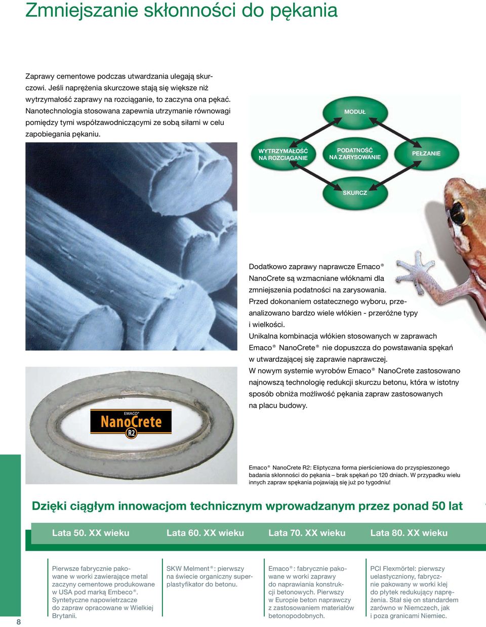 MODUŁ WYTRZYMAŁOŚĆ NA ROZCIĄGANIE PODATNOŚĆ NA ZARYSOWANIE PEŁZANIE SKURCZ Dodatkowo zaprawy naprawcze Emaco NanoCrete są wzmacniane włóknami dla zmniejszenia podatności na zarysowania.