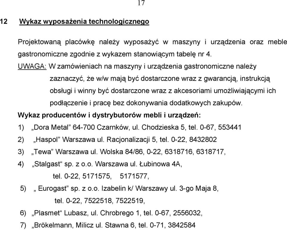 umożliwiającymi ich podłączenie i pracę bez dokonywania dodatkowych zakupów. Wykaz producentów i dystrybutorów mebli i urządzeń: 1) Dora Metal 64-700 Czarnków, ul. Chodzieska 5, tel.