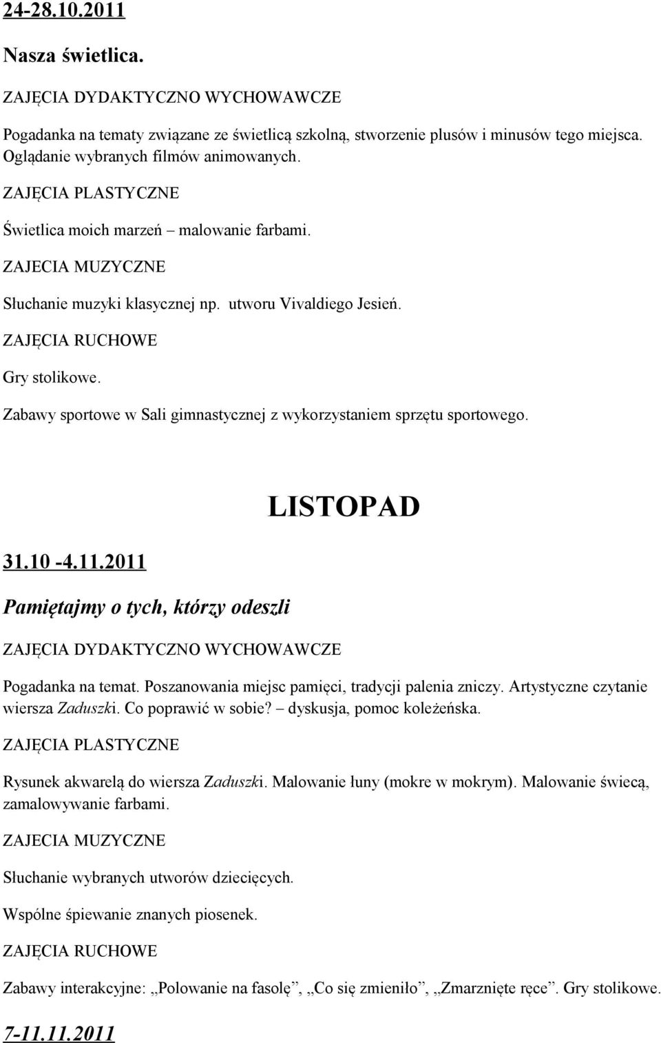 2011 Pamiętajmy o tych, którzy odeszli LISTOPAD Pogadanka na temat. Poszanowania miejsc pamięci, tradycji palenia zniczy. Artystyczne czytanie wiersza Zaduszki. Co poprawić w sobie?