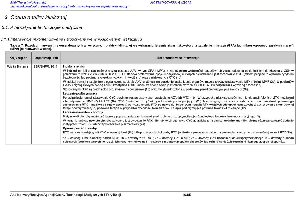 Kraj / region Organizacja, rok Rekomendowane interwencje Wie ka Brytania BSR/BHPR, 2014 Indukcja remisji W indukcji remisji u pacjentów z ciężką postacią AAV (w tym GPA i MPA), z zagrożeniem