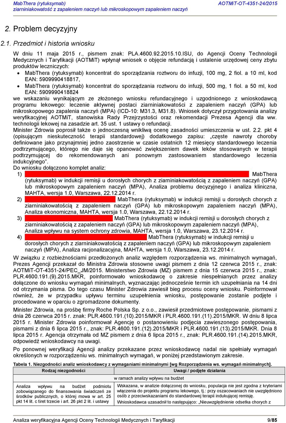 sporządzania roztworu do infuzji, 100 mg, 2 fiol. a 10 ml, kod EAN: 5909990418817, MabThera (rytuksymab) koncentrat do sporządzania roztworu do infuzji, 500 mg, 1 fiol.