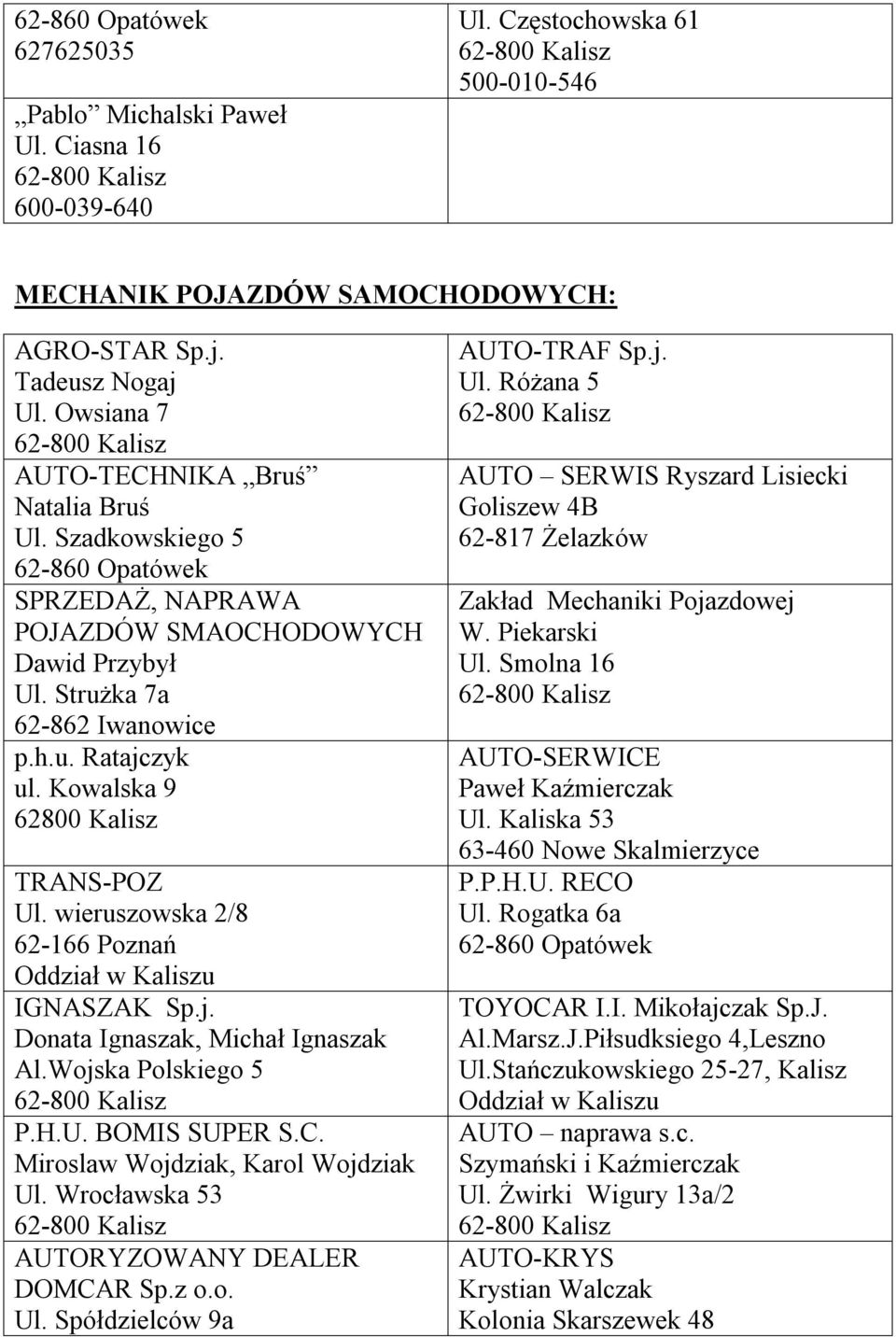 Kowalska 9 62800 Kalisz TRANS-POZ Ul. wieruszowska 2/8 62-166 Poznań Oddział w Kaliszu IGNASZAK Sp.j. Donata Ignaszak, Michał Ignaszak Al.Wojska Polskiego 5 P.H.U. BOMIS SUPER S.C.