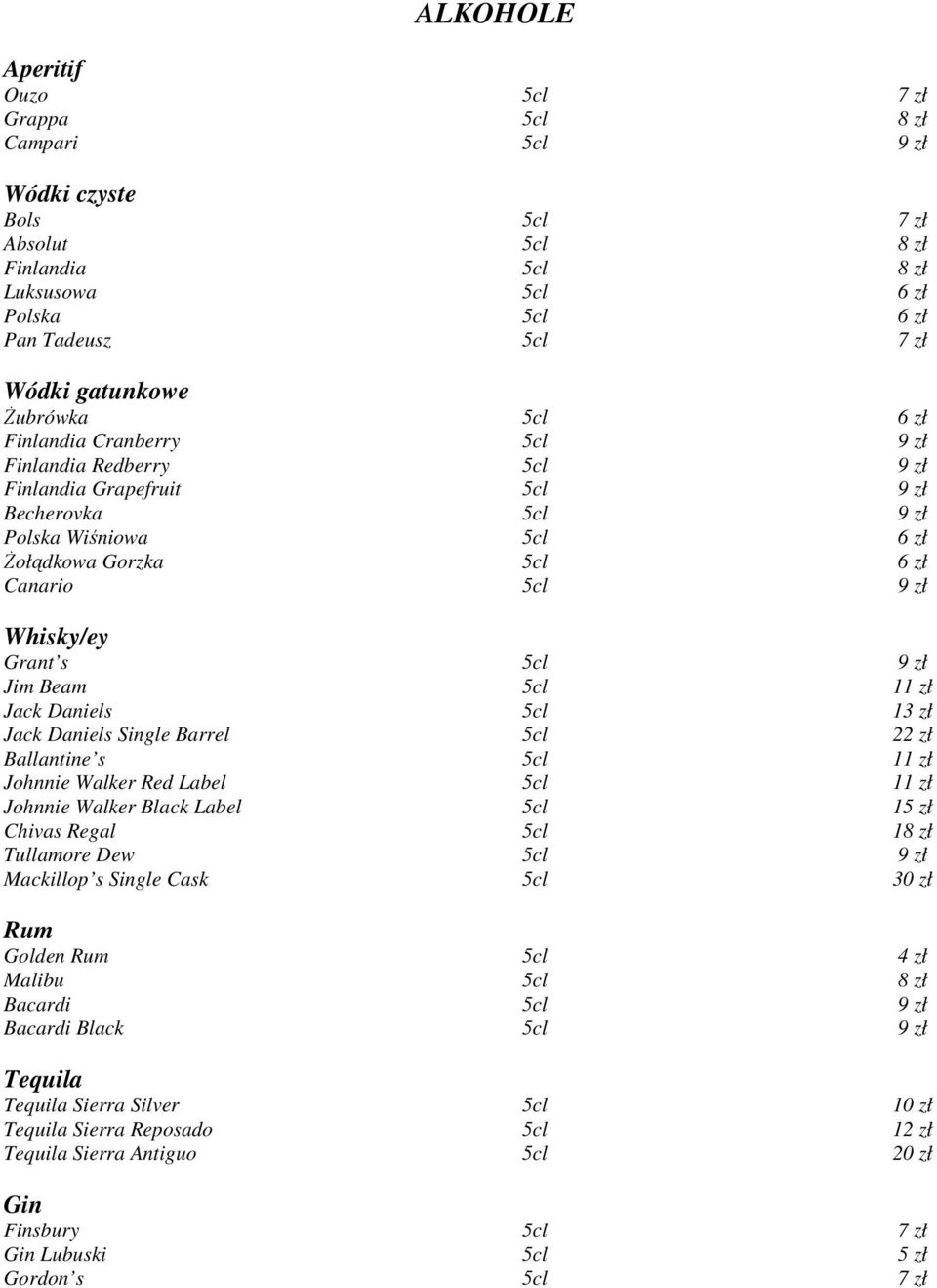 Whisky/ey Grant s 5cl 9 zł Jim Beam 5cl 11 zł Jack Daniels 5cl 13 zł Jack Daniels Single Barrel 5cl 22 zł Ballantine s 5cl 11 zł Johnnie Walker Red Label 5cl 11 zł Johnnie Walker Black Label 5cl 15