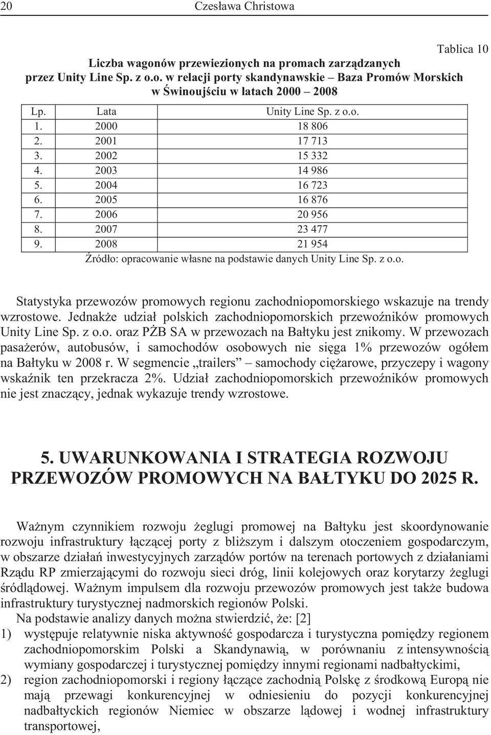 2008 21 954 ródo: opracowanie wasne na podstawie danych Unity Line Sp. z o.o. Statystyka przewozów promowych regionu zachodniopomorskiego wskazuje na trendy wzrostowe.