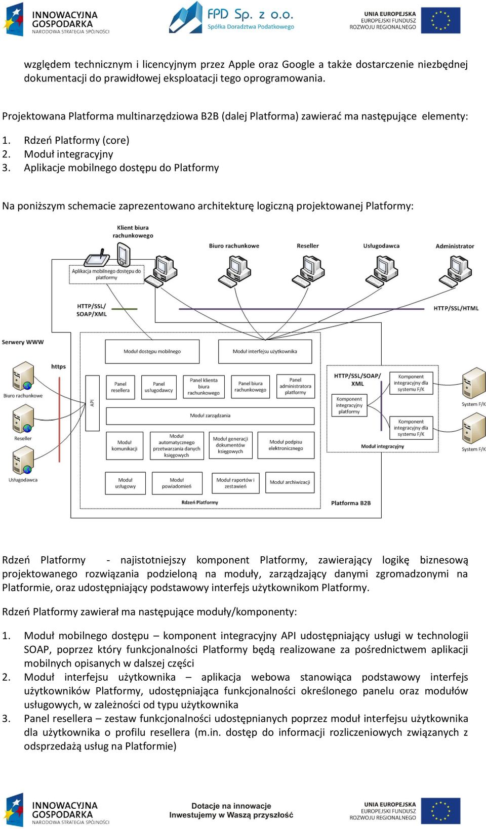 Aplikacje mobilnego dostępu do Platformy Na poniższym schemacie zaprezentowano architekturę logiczną projektowanej Platformy: Rdzeń Platformy - najistotniejszy komponent Platformy, zawierający logikę