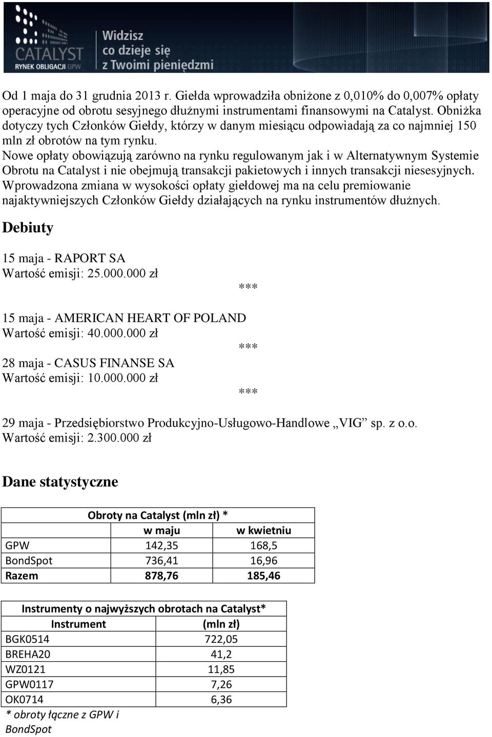 Nowe opłaty obowiązują zarówno na rynku regulowanym jak i w Alternatywnym Systemie Obrotu na Catalyst i nie obejmują transakcji pakietowych i innych transakcji niesesyjnych.