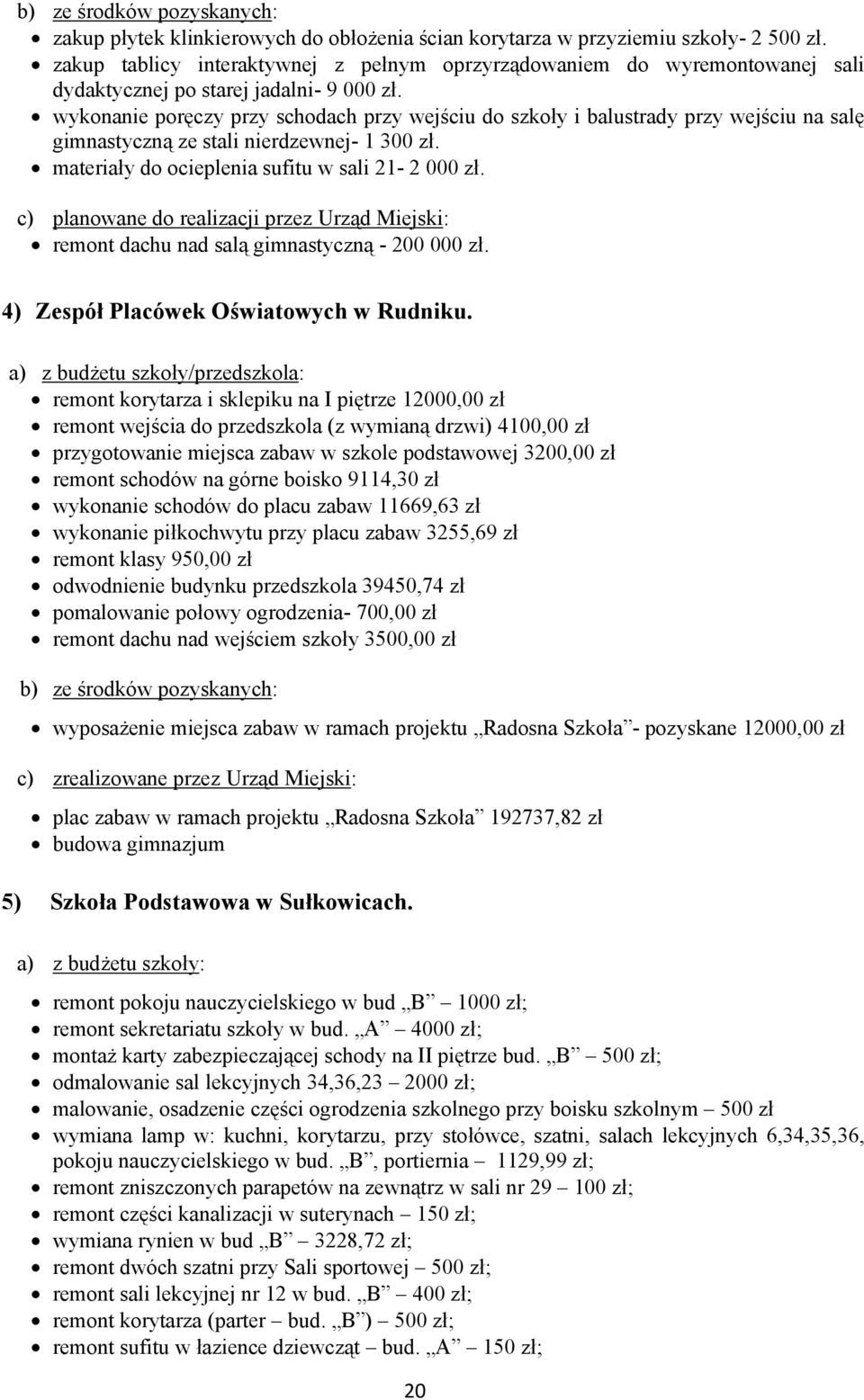 wykonanie poręczy przy schodach przy wejściu do szkoły i balustrady przy wejściu na salę gimnastyczną ze stali nierdzewnej- 1 300 zł. materiały do ocieplenia sufitu w sali 21-2 000 zł.