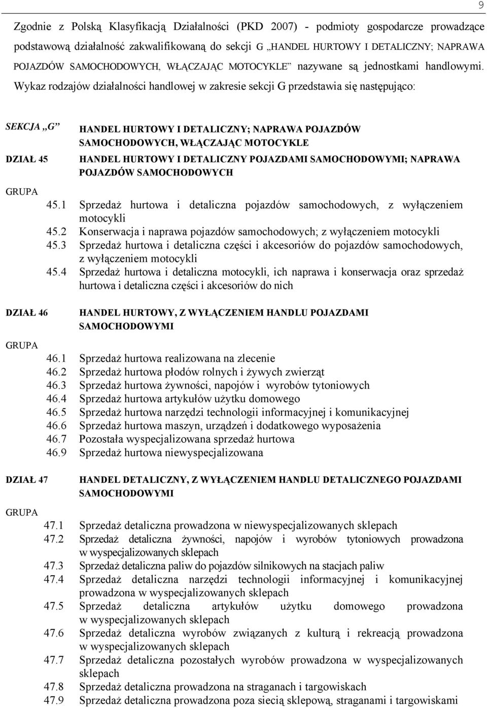 Wykaz rodzajów działalności handlowej w zakresie sekcji G przedstawia się następująco: SEKCJA G DZIAŁ 45 HANDEL HURTOWY I DETALICZNY; NAPRAWA POJAZDÓW SAMOCHODOWYCH, WŁĄCZAJĄC MOTOCYKLE HANDEL