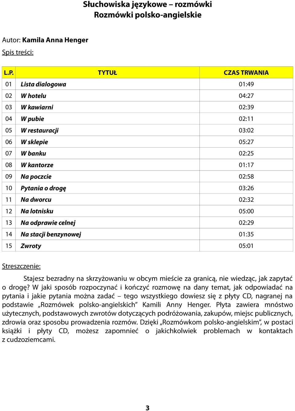 10 Pytania o drogę 03:26 11 Na dworcu 02:32 12 Na lotnisku 05:00 13 Na odprawie celnej 02:29 14 Na stacji benzynowej 01:35 15 Zwroty 05:01 Streszczenie: Stajesz bezradny na skrzyżowaniu w obcym