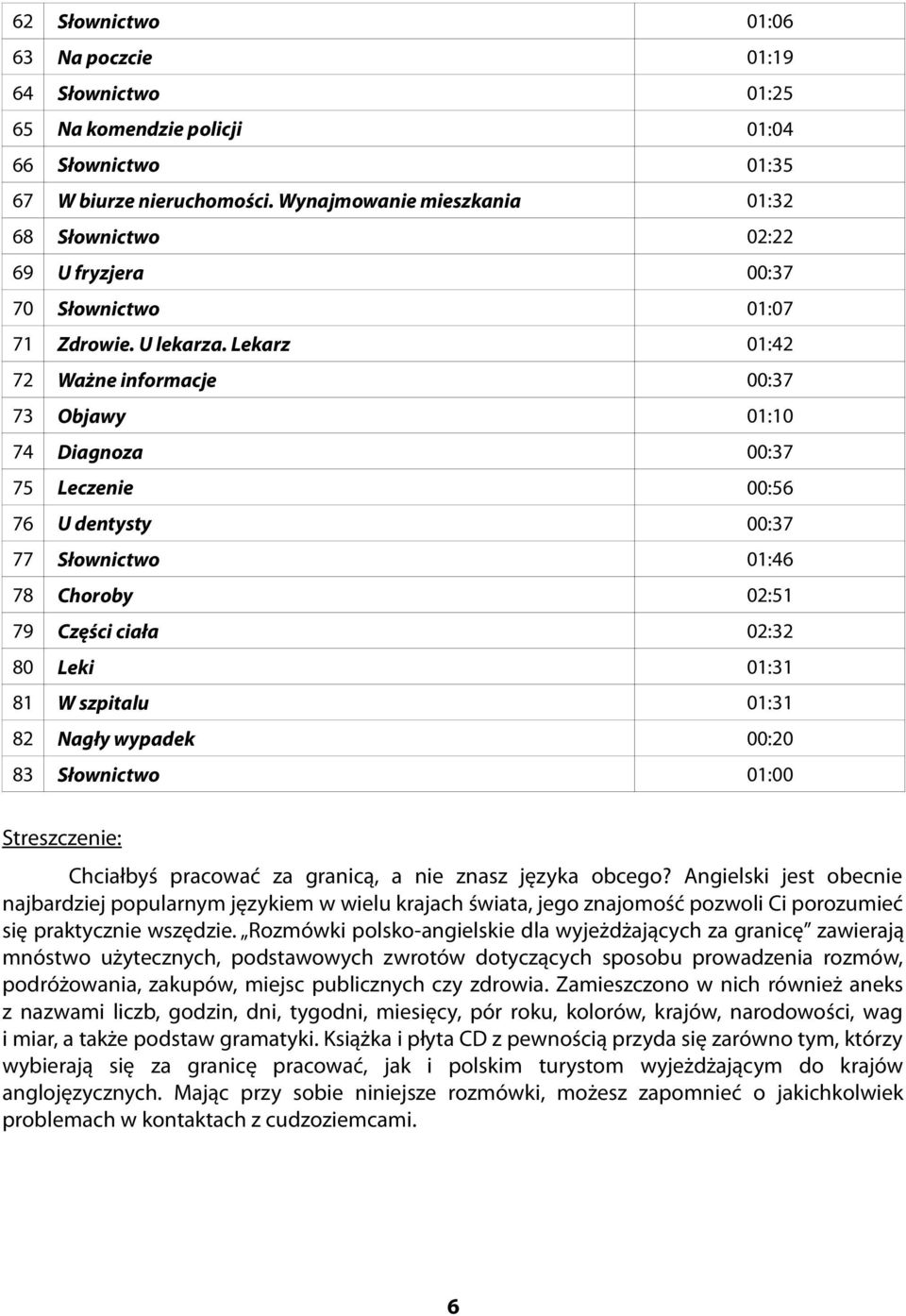 Lekarz 01:42 72 Ważne informacje 00:37 73 Objawy 01:10 74 Diagnoza 00:37 75 Leczenie 00:56 76 U dentysty 00:37 77 Słownictwo 01:46 78 Choroby 02:51 79 Części ciała 02:32 80 Leki 01:31 81 W szpitalu