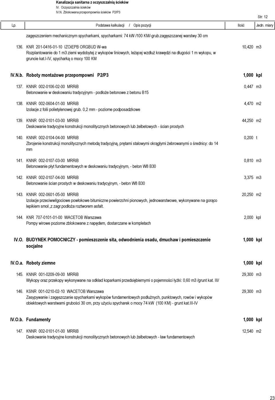 i-iv, spycharką o mocy 100 KM IV.N.b. Roboty montażowe przepompowni P2/P3 137. KNNR 002-0106-02-00 MRRiB 0,447 m3 Betonowanie w deskowaniu tradycyjnym - podłoże betonowe z betonu B15 138.