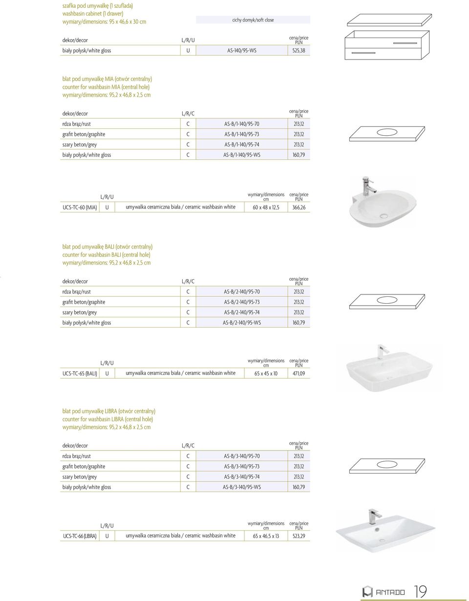 AS-B/1-140/95-WS 160,79 UCS-TC-60 (MIA) U umywalka ceramiczna biała / ceramic washbasin white 60 x 48 x 12,5 366,26 blat pod umywalkę BALI (otwór centralny) counter for washbasin BALI (central hole)