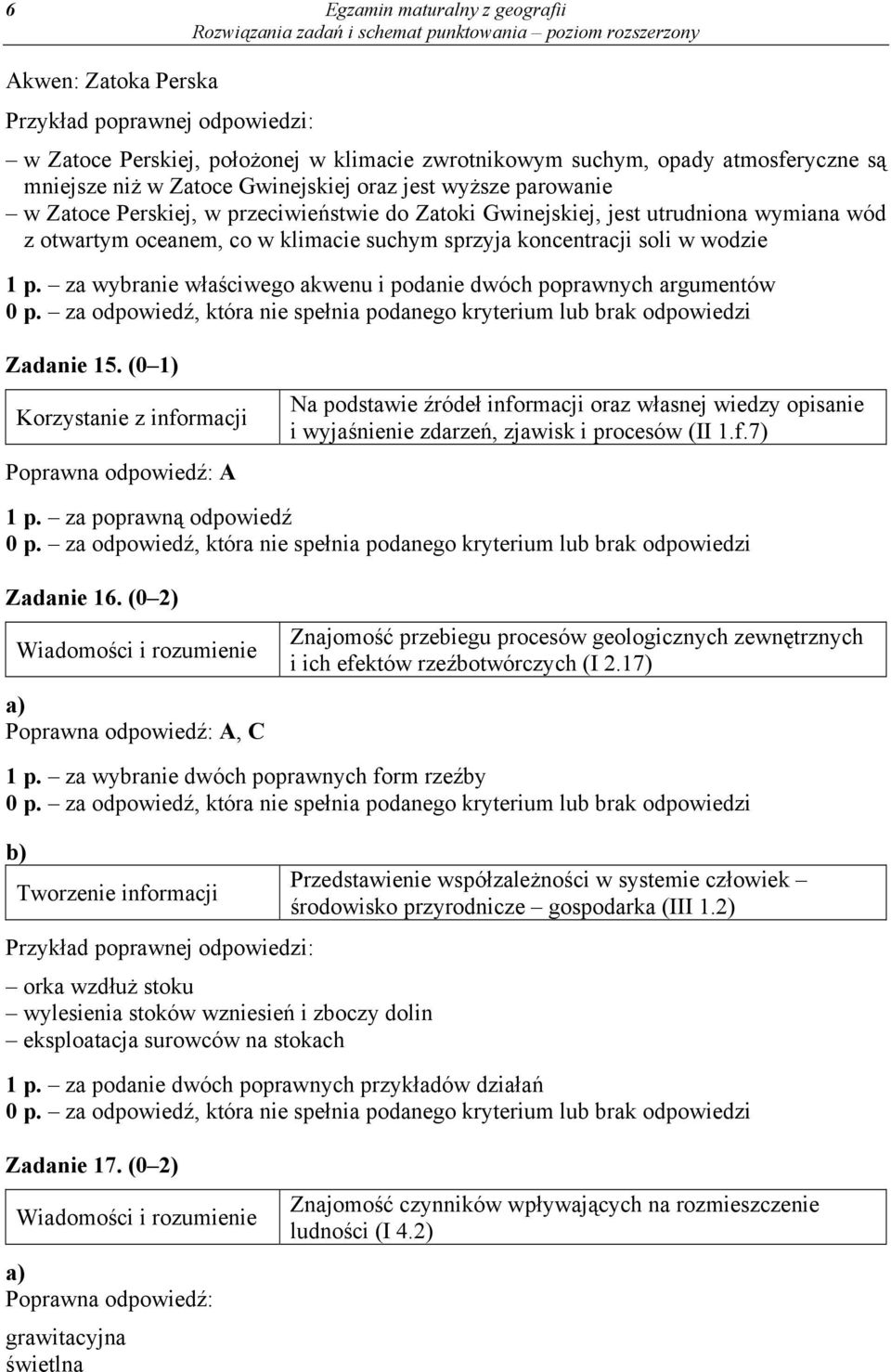 za wybranie właściwego akwenu i podanie dwóch poprawnych argumentów Zadanie 15. (0 1) A Na podstawie źródeł informacji oraz własnej wiedzy opisanie i wyjaśnienie zdarzeń, zjawisk i procesów (II 1.f.7) Zadanie 16.