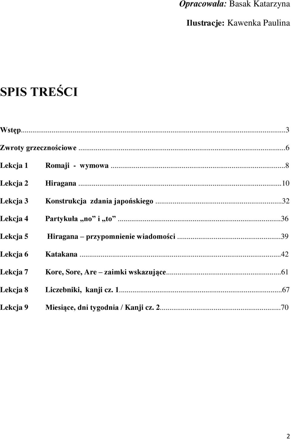 ..32 Lekcja 4 Partykuła no i to...36 Lekcja 5 Hiragana przypomnienie wiadomości...39 Lekcja 6 Katakana.