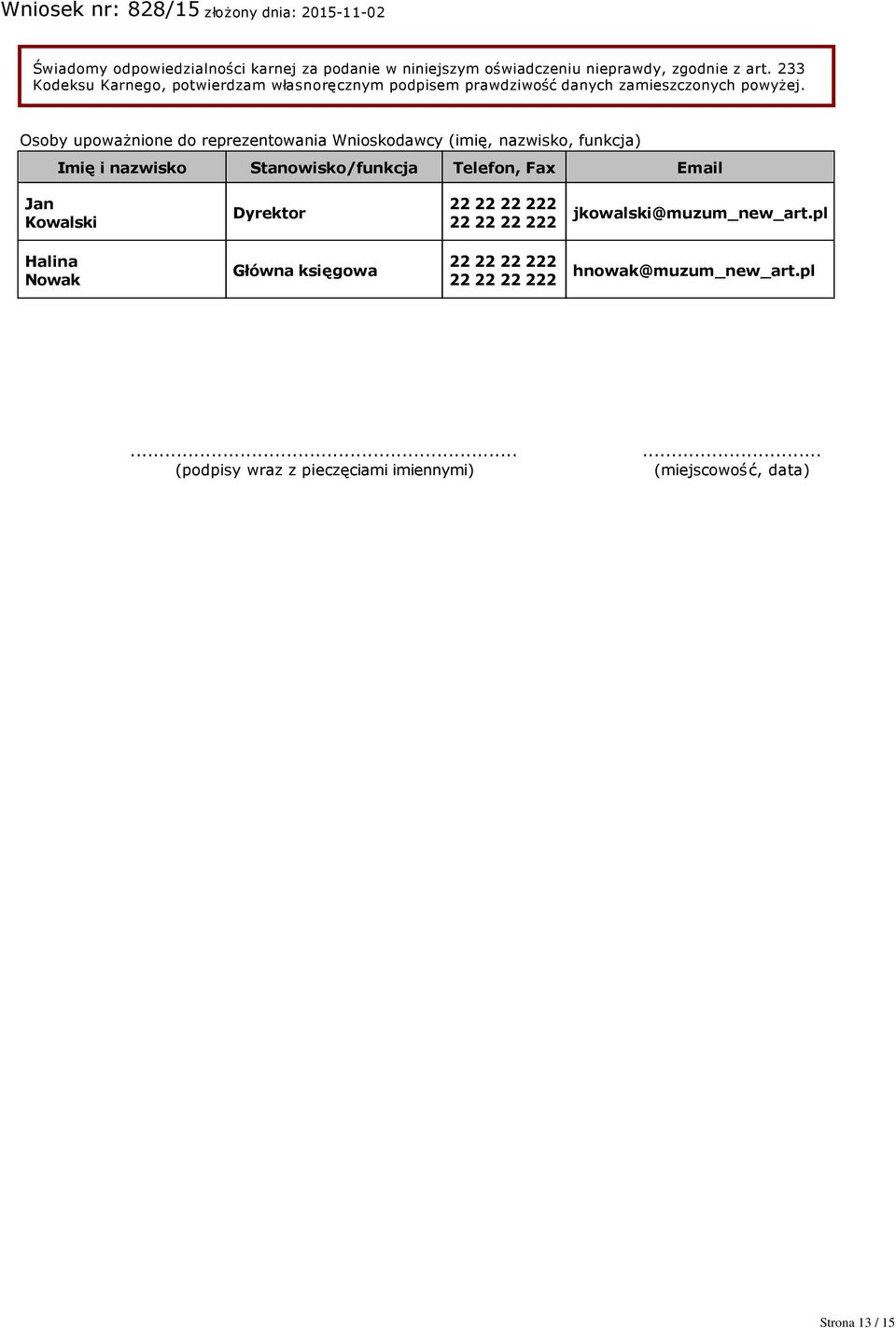 Osoby upoważnione do reprezentowania Wnioskodawcy (imię, nazwisko, funkcja) Imię i nazwisko Stanowisko/funkcja Telefon, Fax Email Jan