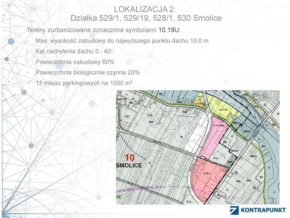 wysokość zabudowy do najwyższego punktu dachu 10,0 m - Kąt nachylenia