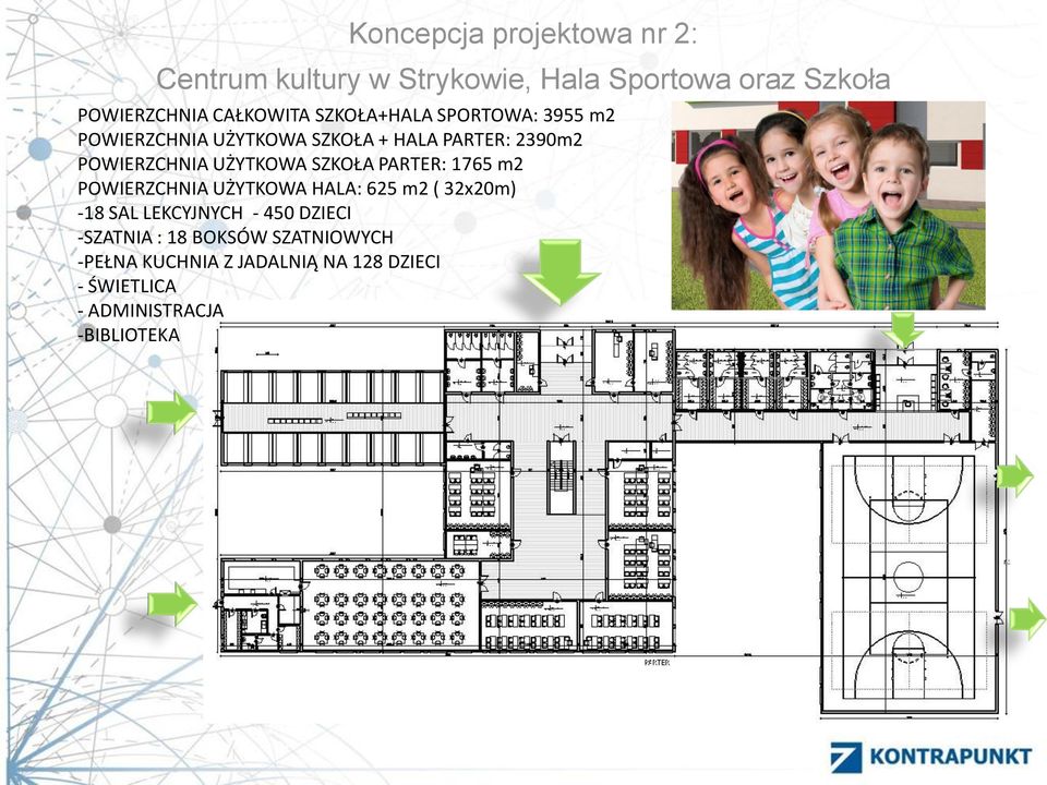 SZKOŁA PARTER: 1765 m2 POWIERZCHNIA UŻYTKOWA HALA: 625 m2 ( 32x20m) -18 SAL LEKCYJNYCH - 450 DZIECI