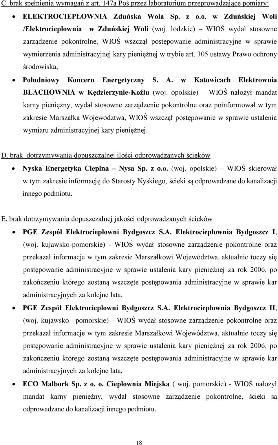 305 ustawy Prawo ochrony środowiska, Południowy Koncern Energetyczny S. A. w Katowicach Elektrownia BLACHOWNIA w KędzierzynieKoźlu (woj.